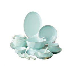 利茸 陶瓷碗套裝家用碗盤描邊青瓷餐具喬遷禮品碗碟套裝（27件套）