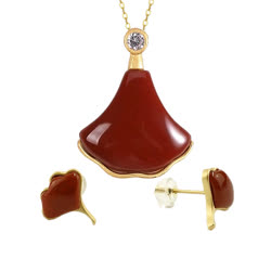 煊玥傳奇“瑰麗之葉”南紅瑪瑙銀杏葉簡約時尚女士項鏈耳釘套裝 XYCQ-J-0032