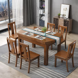 尊禾 功能餐桌椅 實木伸縮折疊桌椅組合一桌六椅（608餐桌+A08餐椅）